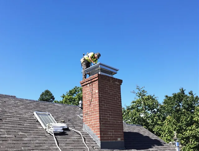 Sharon Chimney Sweep technician measuring a chimney cap in Sharon, MA