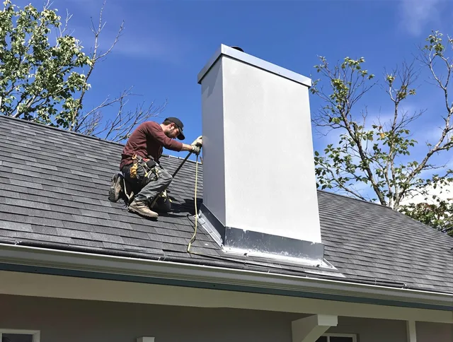 Sharon Chimney Sweep team member finishing chimney construction in Sharon, MA