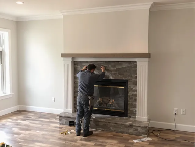Sharon Chimney Sweep finishing a custom fireplace install in Sharon, MA
